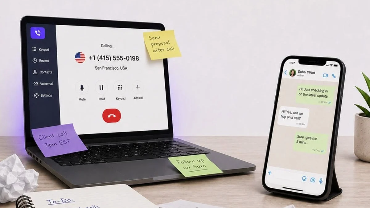 KrispCall cloud telephony platform interface displayed on a laptop screen for business communication and call management.