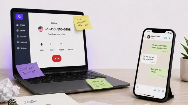 KrispCall cloud telephony dashboard interface showing business communication features on a laptop screen.