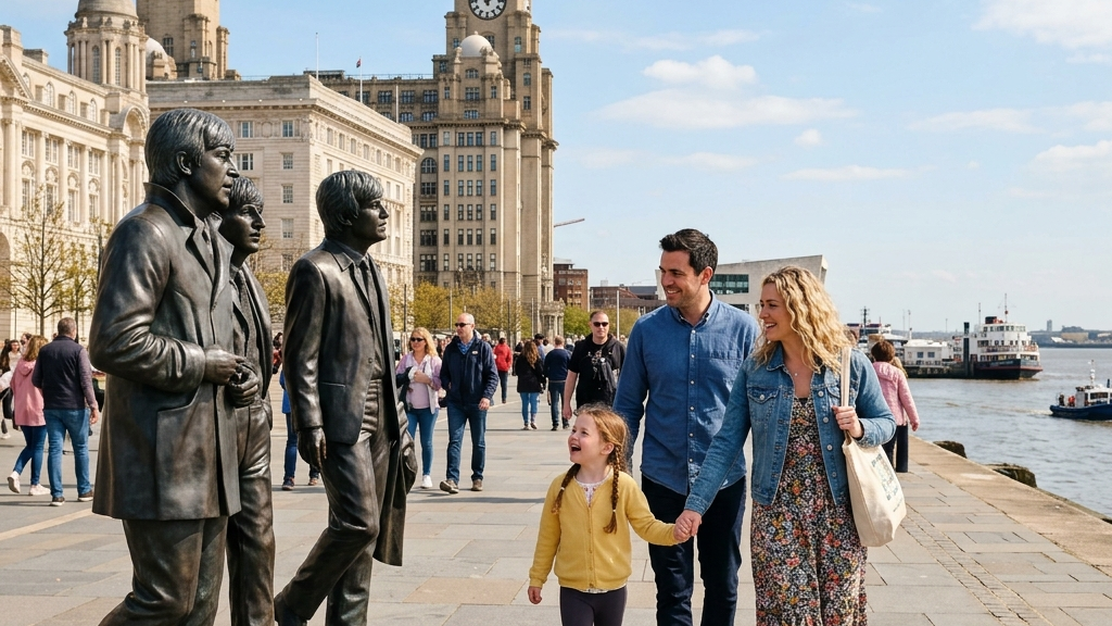 Family sightseeing on Liverpool Pier Head next to the bronze Beatles statue with the Royal Liver Building behind