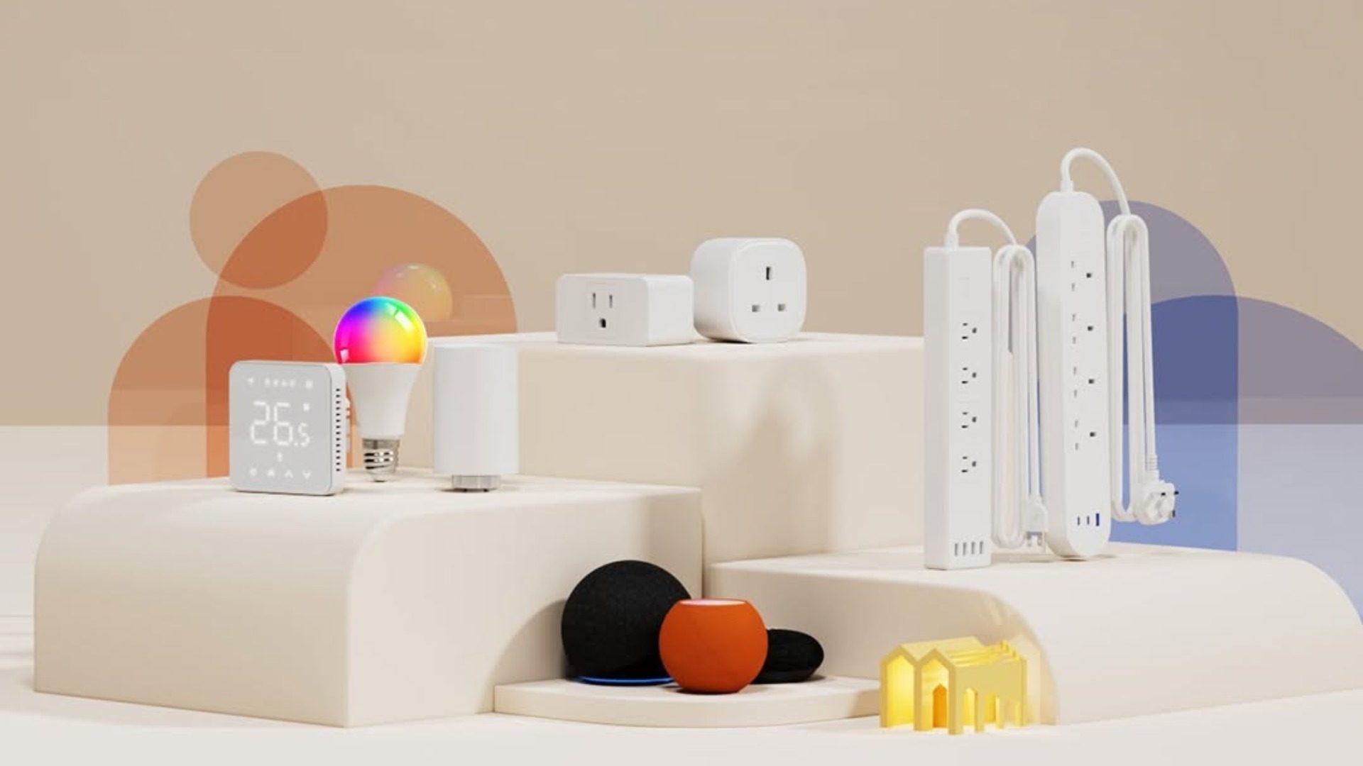 Meross smart home devices displayed on a desk, showcasing modern automation technology and energy-saving solutions.