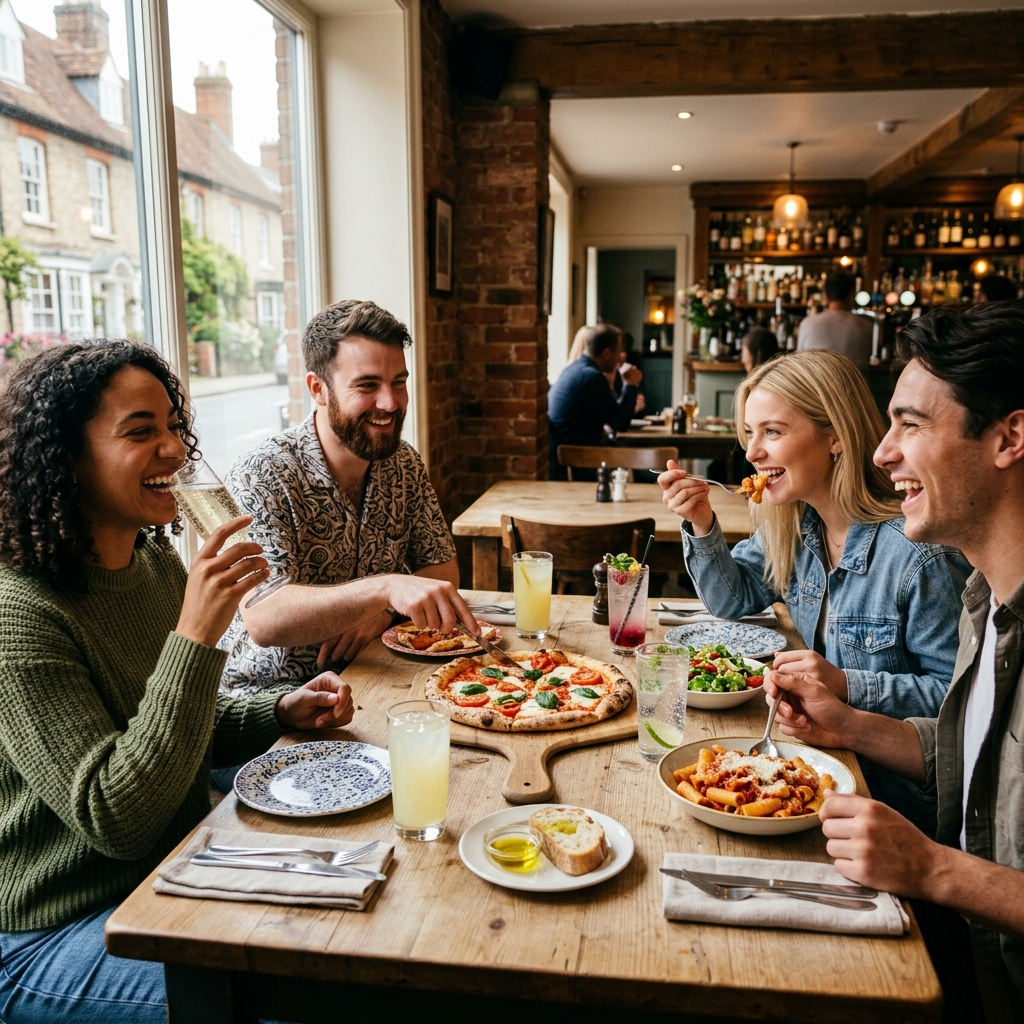 Friends sharing pizza, pasta and drinks at a restaurant window table