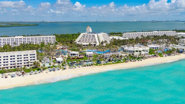 Luxury Oasis Hotels and Resorts swimming pool area with sun loungers and palm trees under a bright blue sky.
