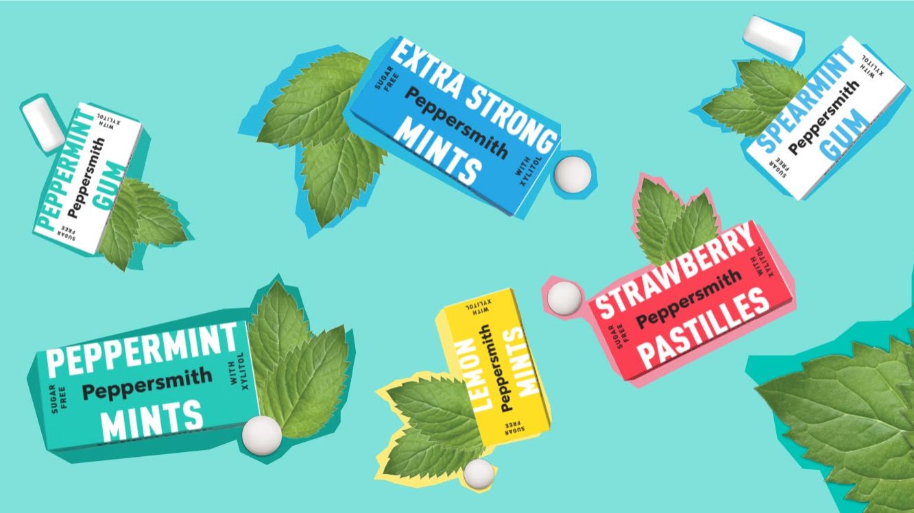 Peppersmith mints and chewing gum range displayed on a clean surface, showcasing natural ingredients and brand packaging.