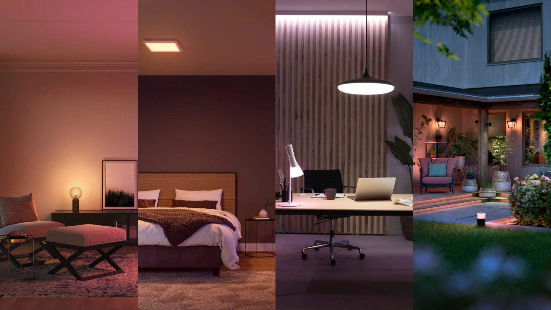 Philips Hue smart lighting setup illuminating a modern living room with vibrant, customisable coloured light scenes.