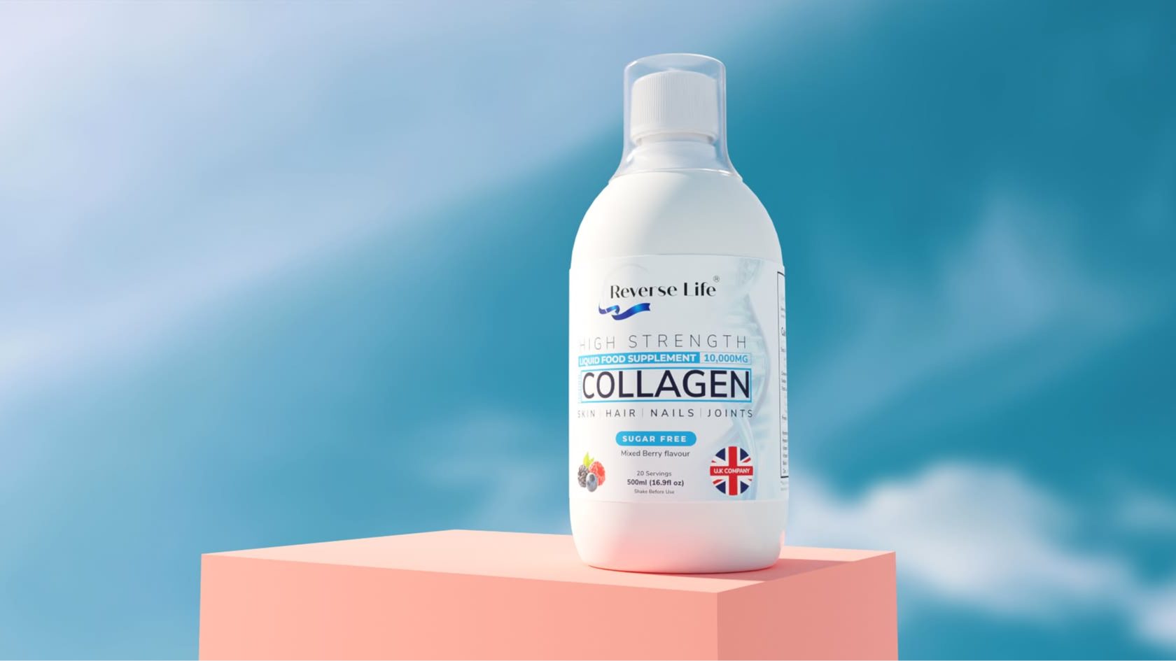 Reverse Life collagen supplement product range displayed on a clean, modern surface for health and beauty wellness.