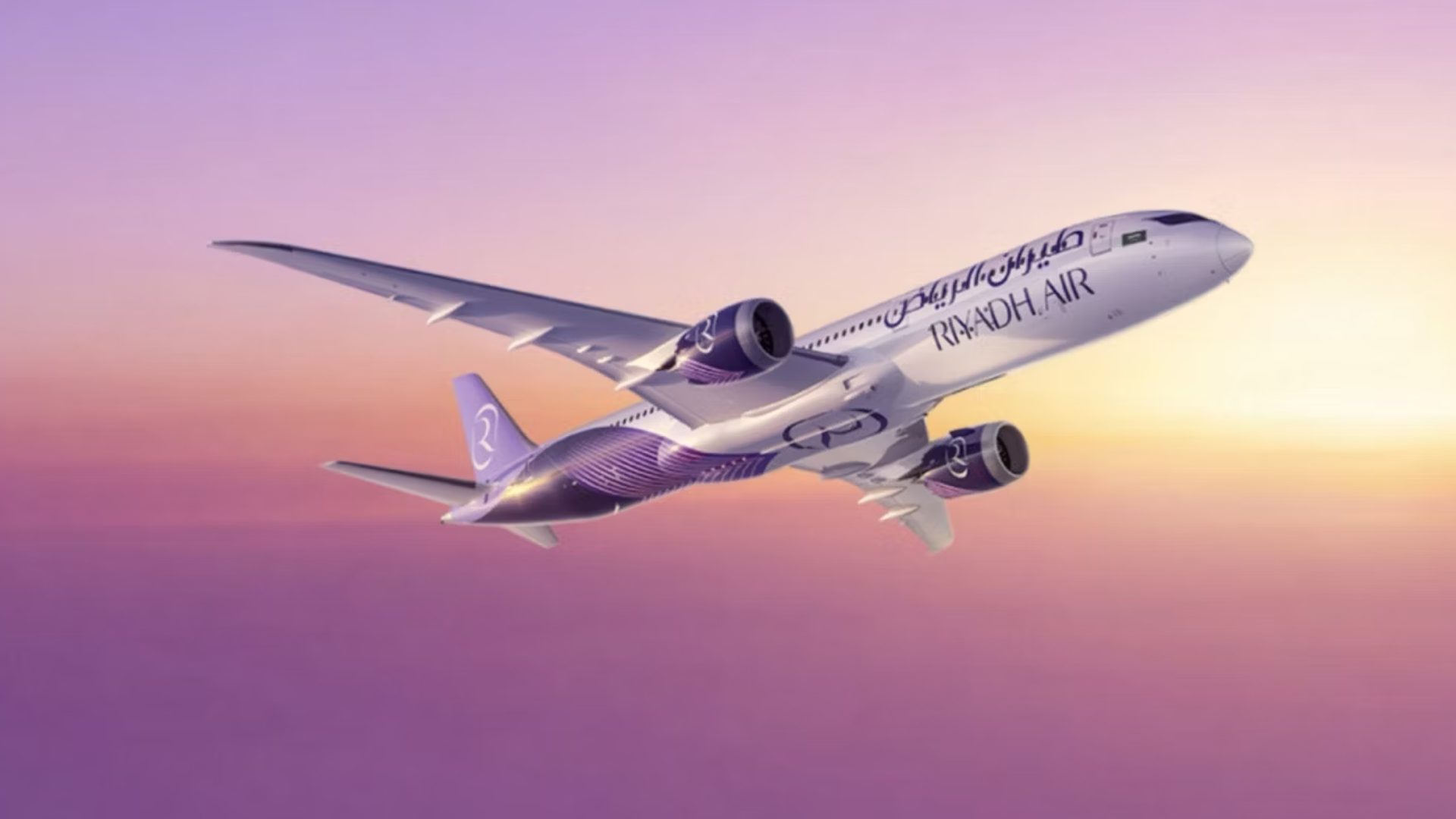Riyadh Air Boeing Dreamliner aircraft flying against a sunset sky, showcasing the airline's signature purple livery.
