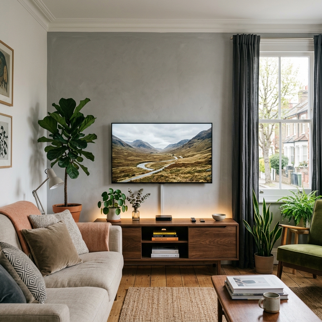 Wall-mounted Samsung smart TV displaying landscape art above a walnut media console
