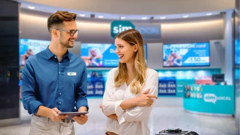 Sim Local travel SIM card and smartphone on a desk, representing affordable international mobile data deals for travellers.