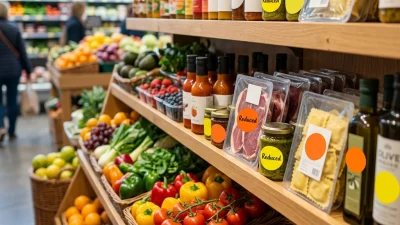 A supermarket shelf featuring yellow reduced price stickers on food items to help shoppers save money on their weekly shop.
