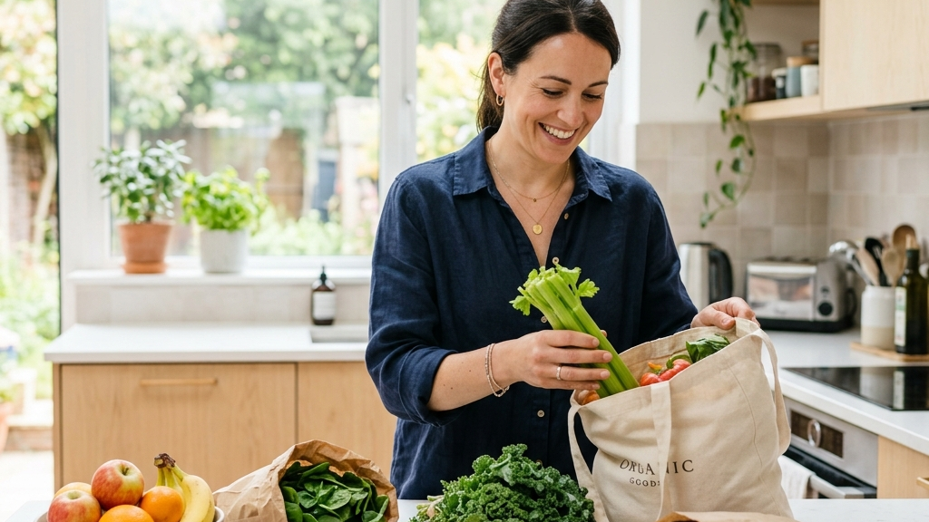 Woman unpacking fresh vegetables and apples from a canvas shopping bag