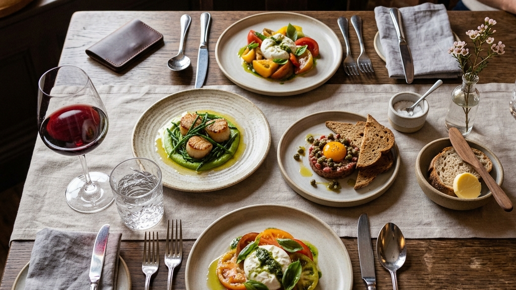 Flatlay of gourmet dishes and wine on a restaurant table
