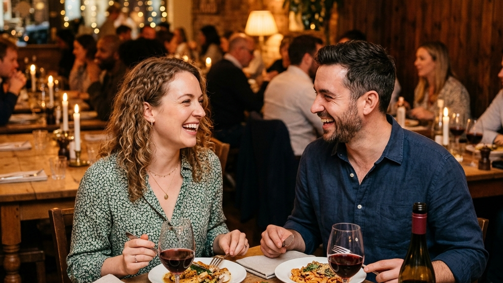 Couple dining together with pasta and wine in a candlelit restaurant