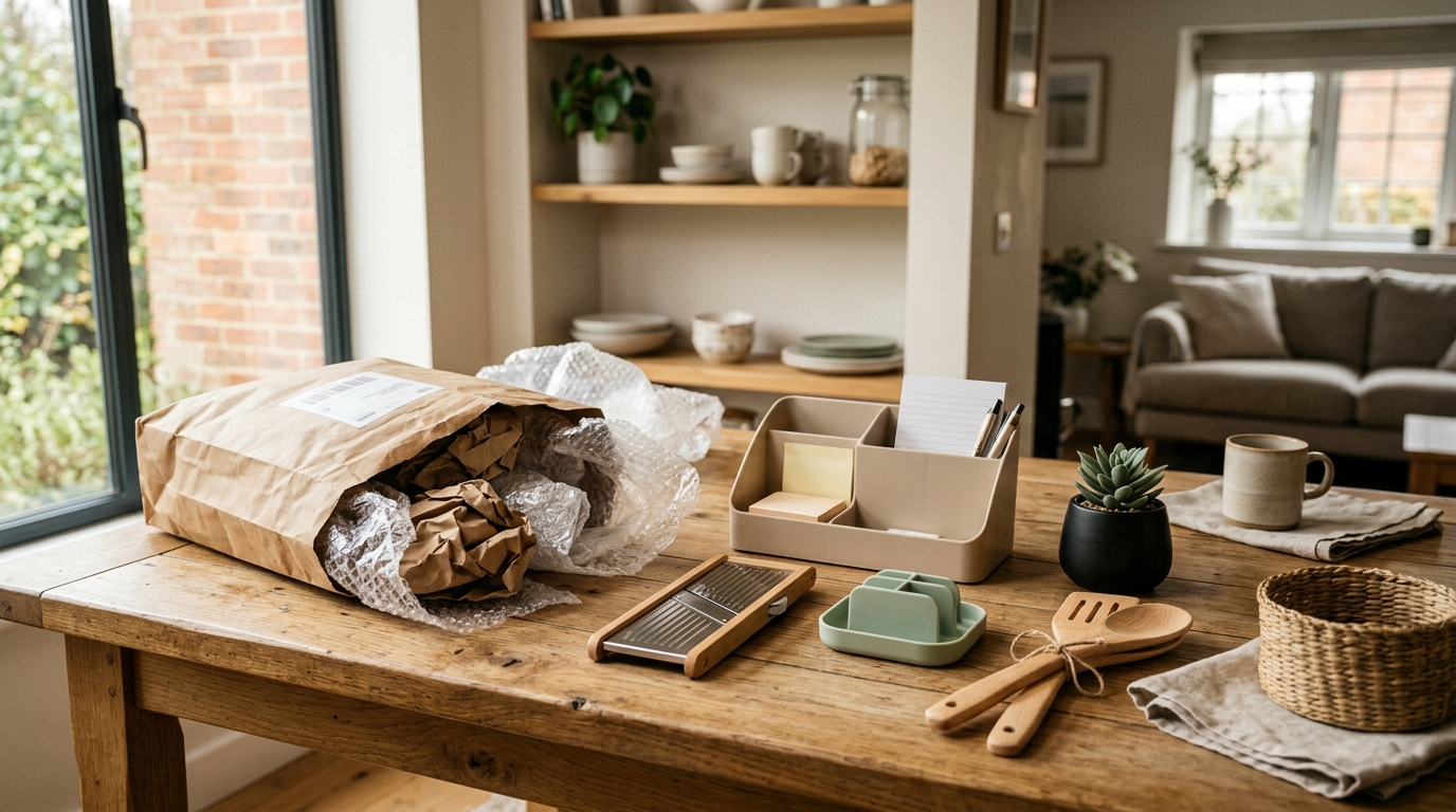 Unboxed kitchen gadgets and homeware items on a wooden dining table