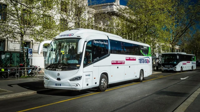 Terravision airport transfer bus parked at a modern transport centre, representing affordable travel and coach services.