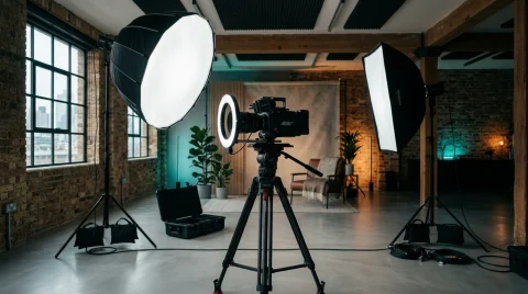 Creative video production studio setup in the UK with cameras and softbox lights for TikTok and Snapchat advertising