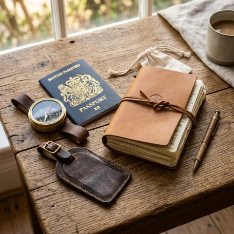 Smartphone displaying top-rated UK travel apps for booking transport, flights, and managing holiday finances on a desk.