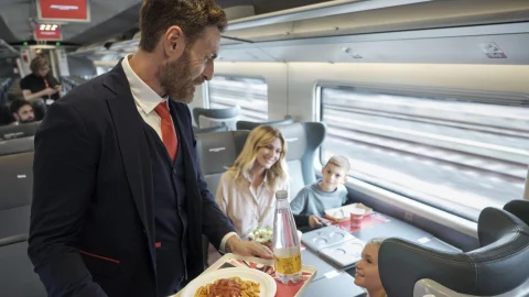 A modern Trenitalia high-speed train travelling through the scenic Italian countryside on a sunny day.