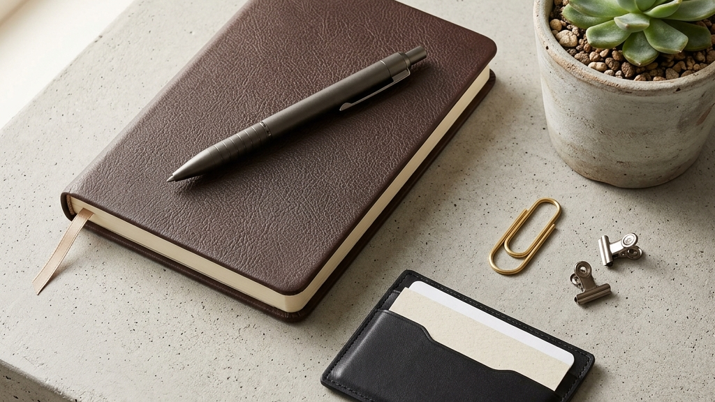 Executive corporate workspace flatlay with leather notebook and brass pen for business expense management