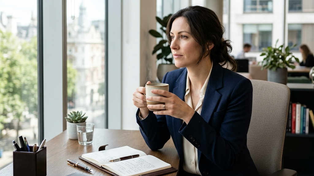Business director at an office desk overlooking the City of London skyline evaluating international finance accounts