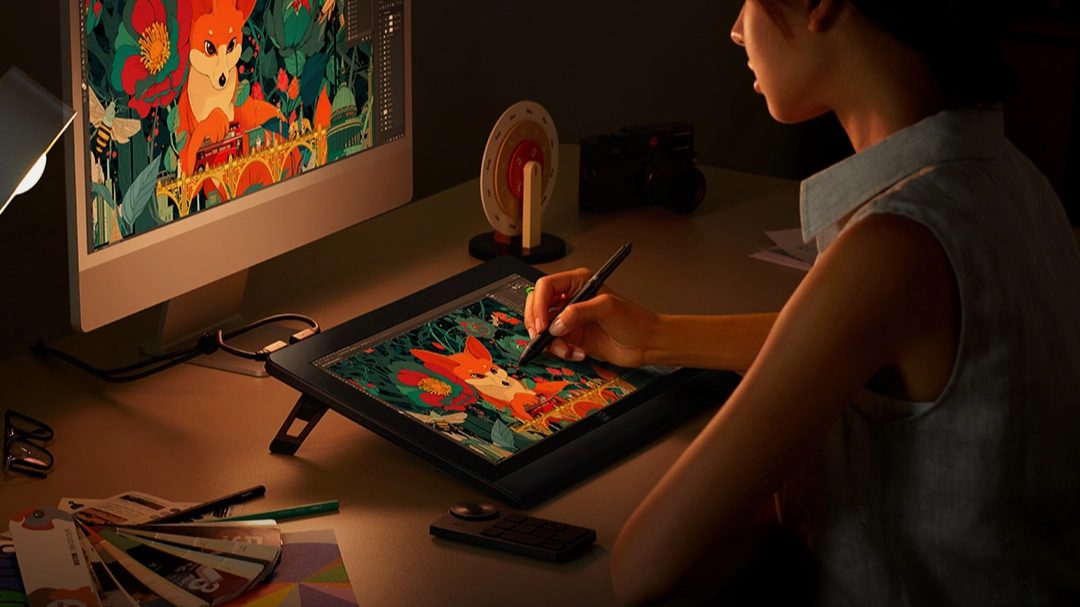 XP-Pen UK digital drawing tablet display showing creative design software for artists and graphic designers.