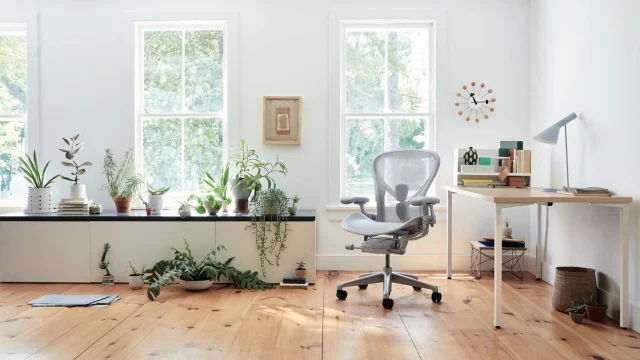 Herman Miller ergonomic office chair in a modern workspace, showcasing premium design and comfort for home offices.