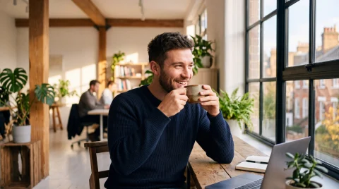 Professional woman smiling while sipping tea in a modern office, representing workplace wellbeing and productivity.