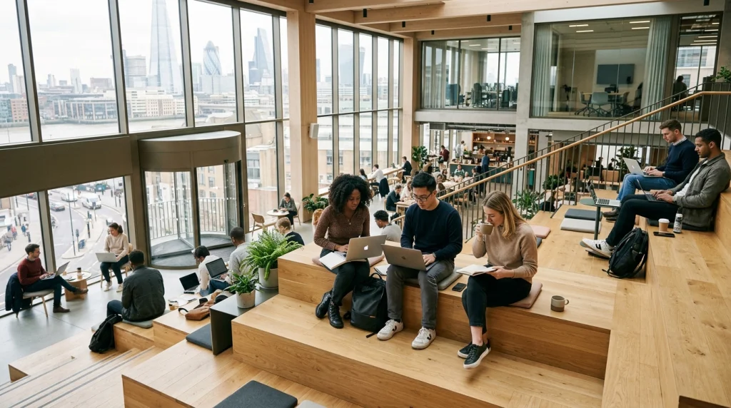 Diverse builders and engineers working in London tech hub stadium seating