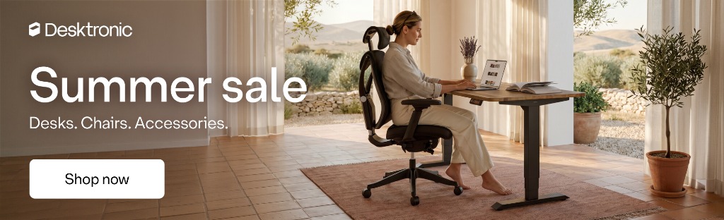 Desktronic summer sale banner featuring ergonomic office furniture deals and seasonal discounts for home workspaces.