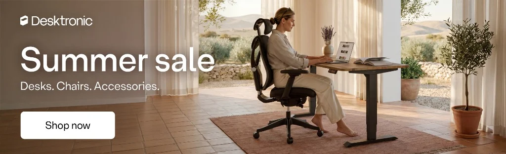 Desktronic summer sale banner featuring ergonomic office furniture deals and seasonal discounts for home workspaces.