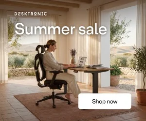 Desktronic summer sale banner featuring ergonomic office furniture discounts and limited-time savings on home desks.