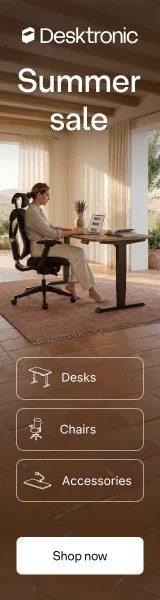 Desktronic summer sale skyscraper banner featuring exclusive discounts on ergonomic office furniture and standing desks.