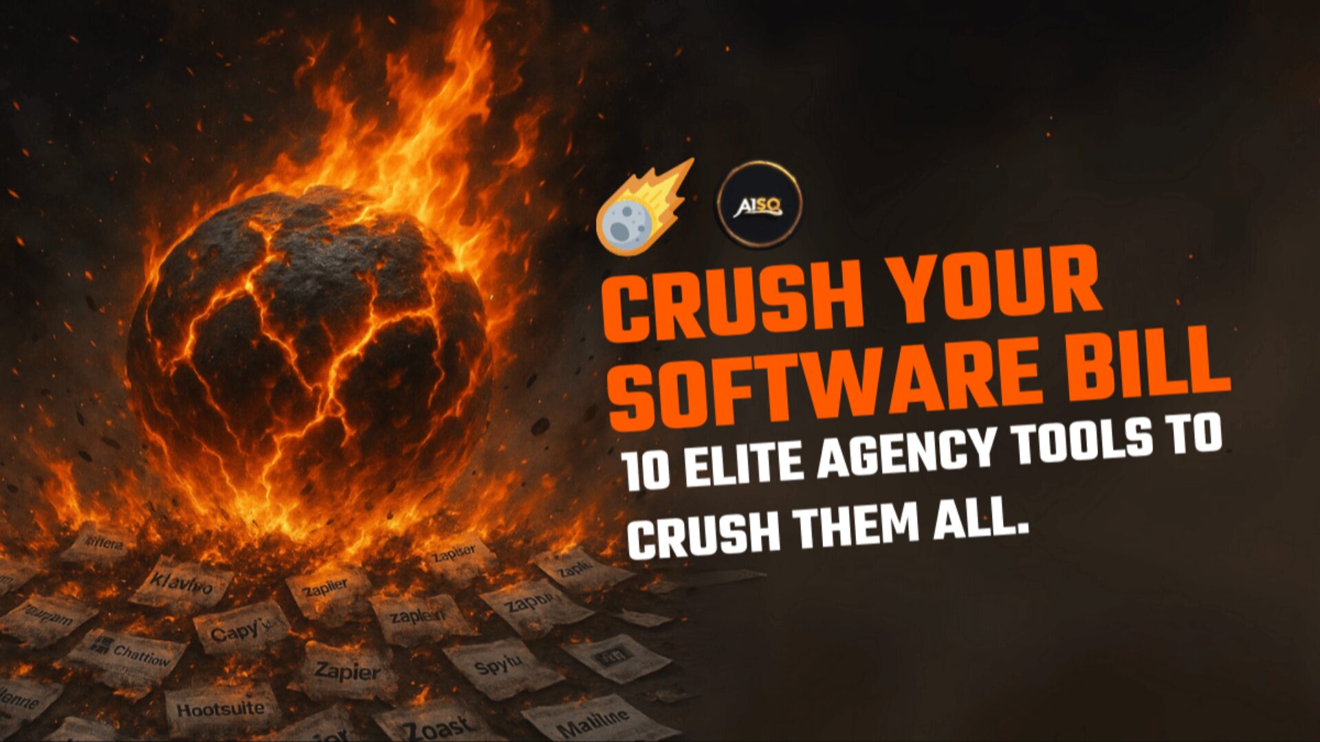 A flaming meteor destroying software invoices, representing AISQ savings on agency marketing tools.