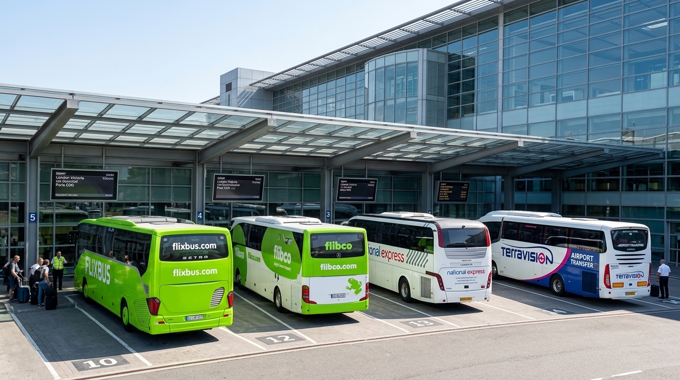 Airport transfer coaches including FlixBus, Flibco, National Express, and Terravision lined up at terminal bays