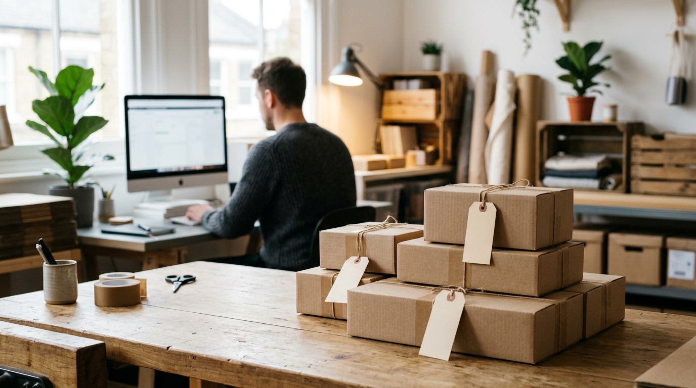 Boutique e-commerce packaging bench with stacked parcel boxes and computer workstation