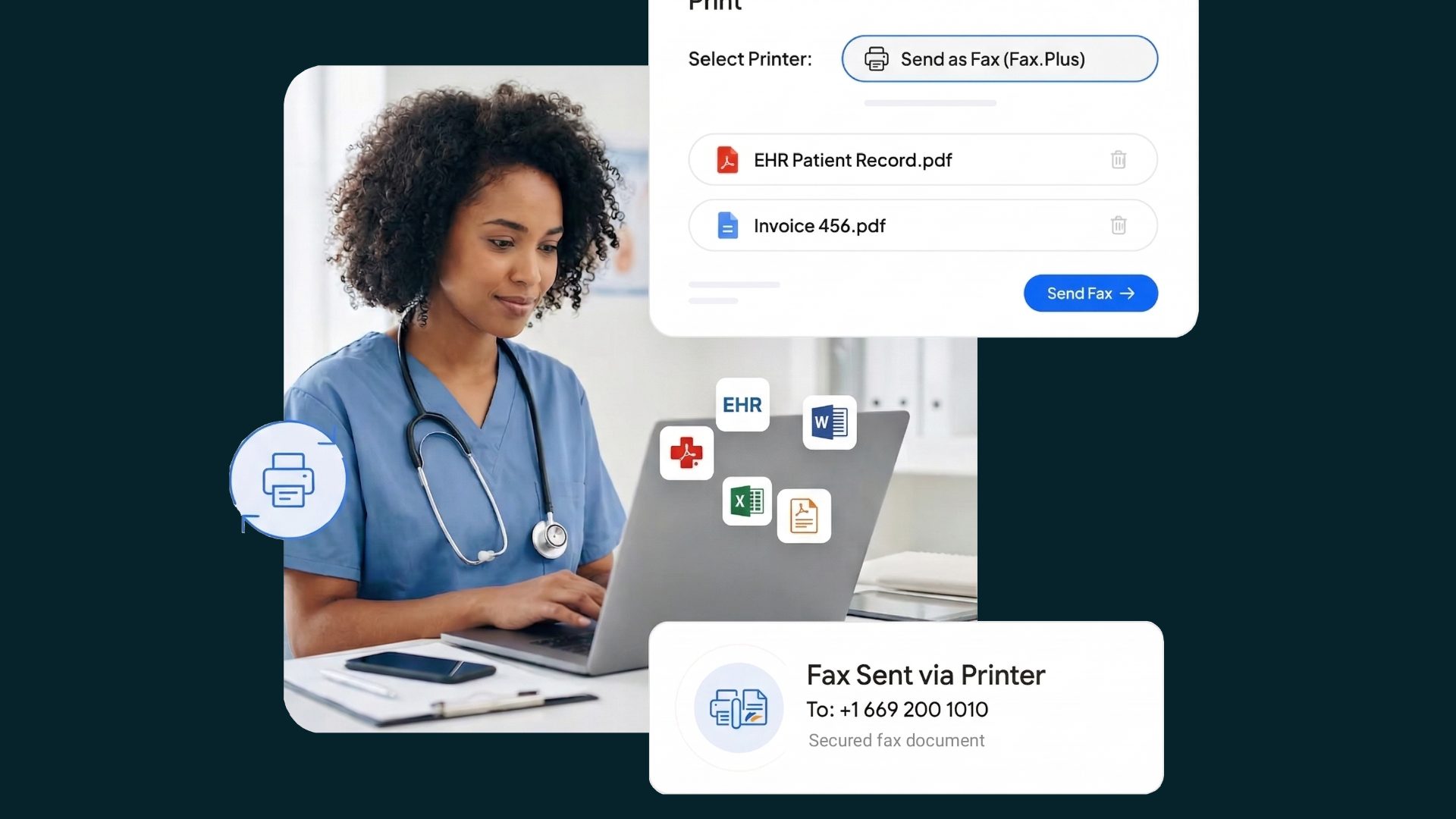 Fax.Plus digital document interface on a laptop screen, representing secure online faxing services for modern businesses.