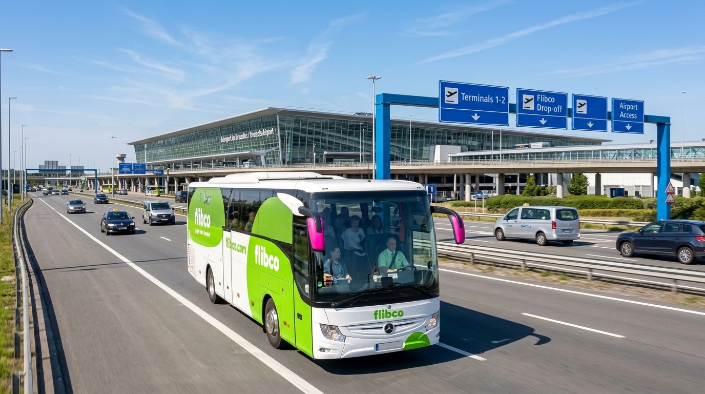 Flibco green and white airport shuttle coach driving towards terminal drop-off corridor