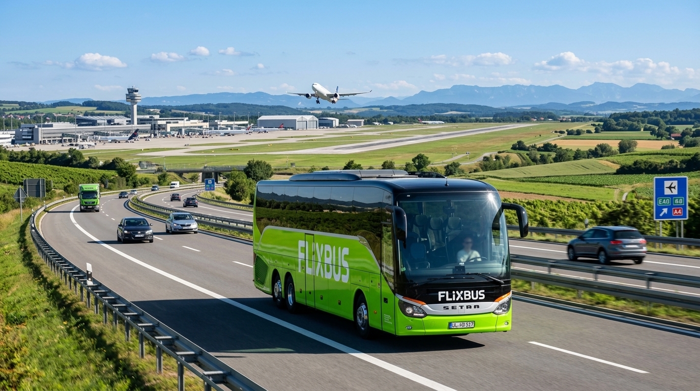 FlixBus modern green coach on motorway traveling towards an international airport terminal