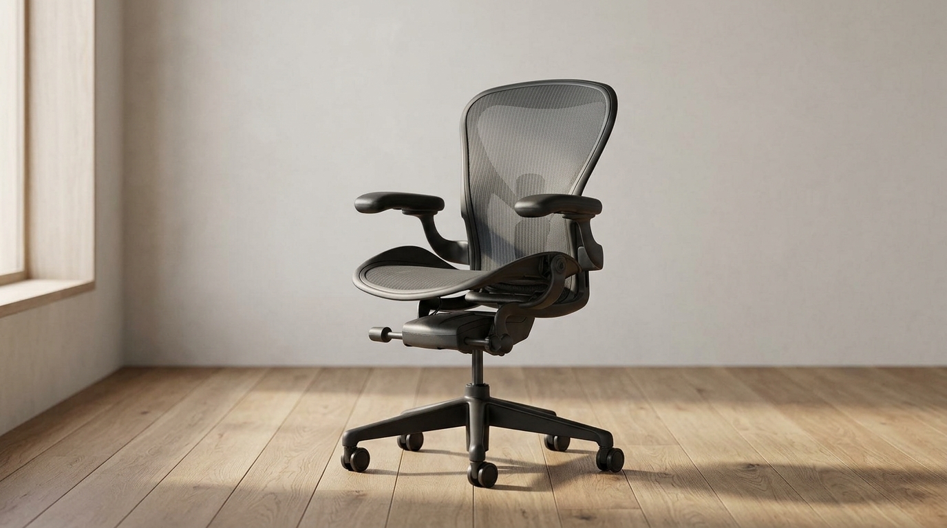 IKEA MARKUS high-back mesh office chair in dark grey fabric on hardwood floor