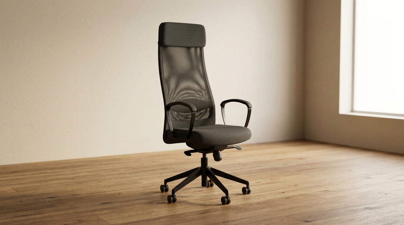 IKEA MARKUS high-back mesh office chair in dark grey fabric on hardwood floor