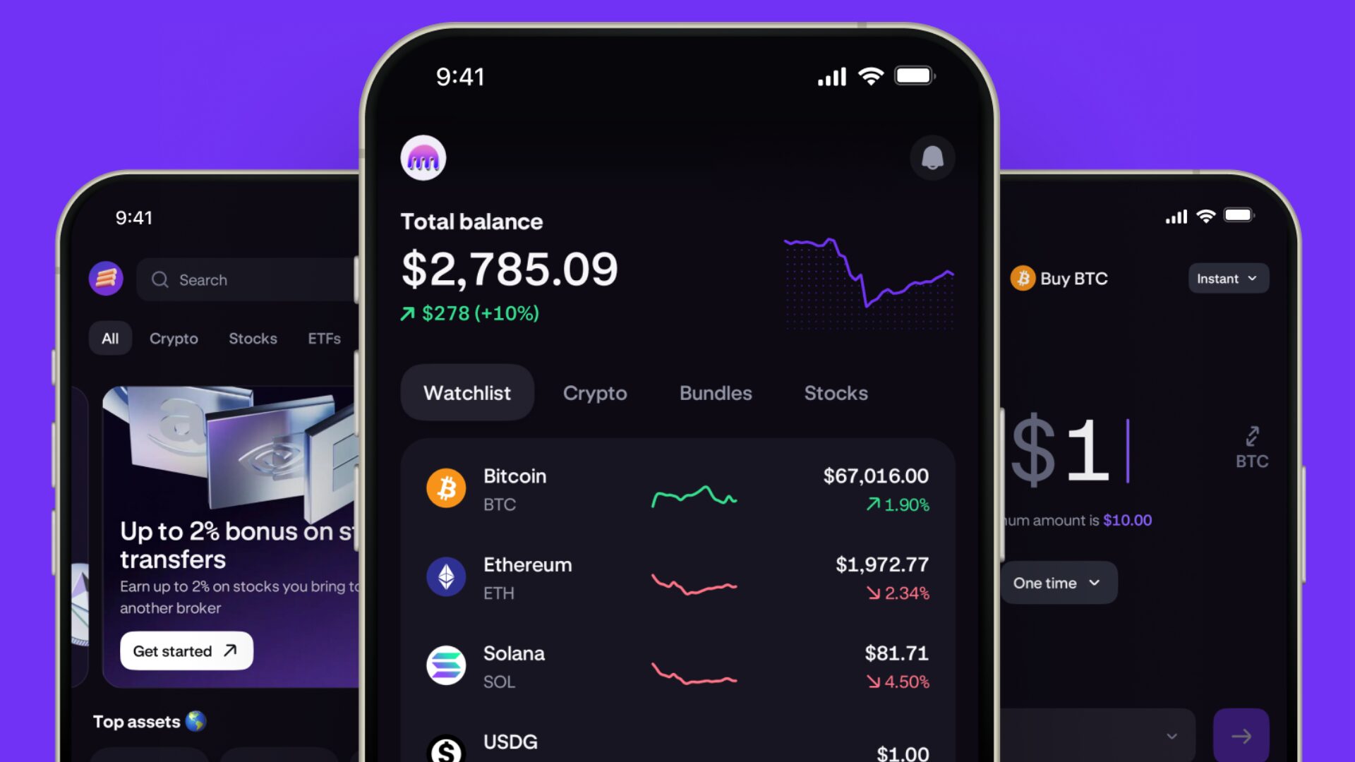 Kraken mobile app interface showing cryptocurrency portfolio balance and market watchlist on smartphone screens.