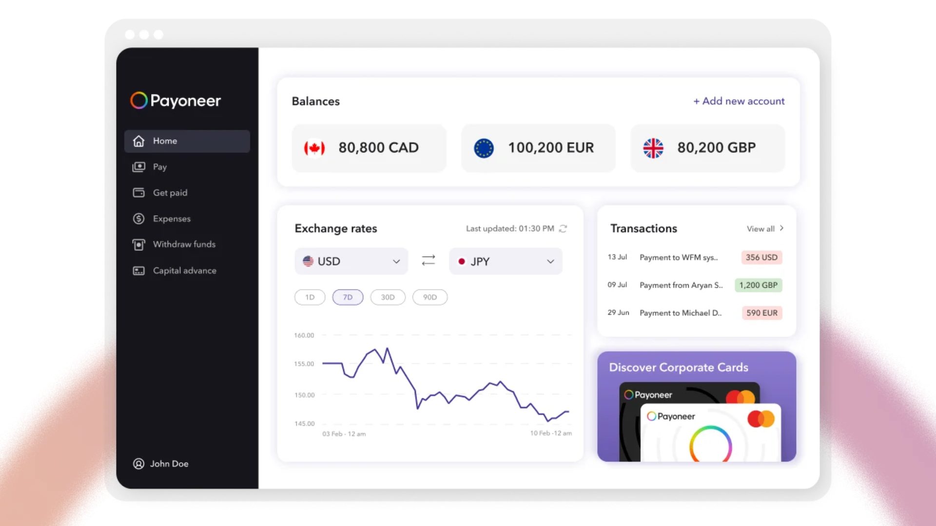 Payoneer Workforce Management dashboard displaying global team payroll and remote staff payment tracking software.
