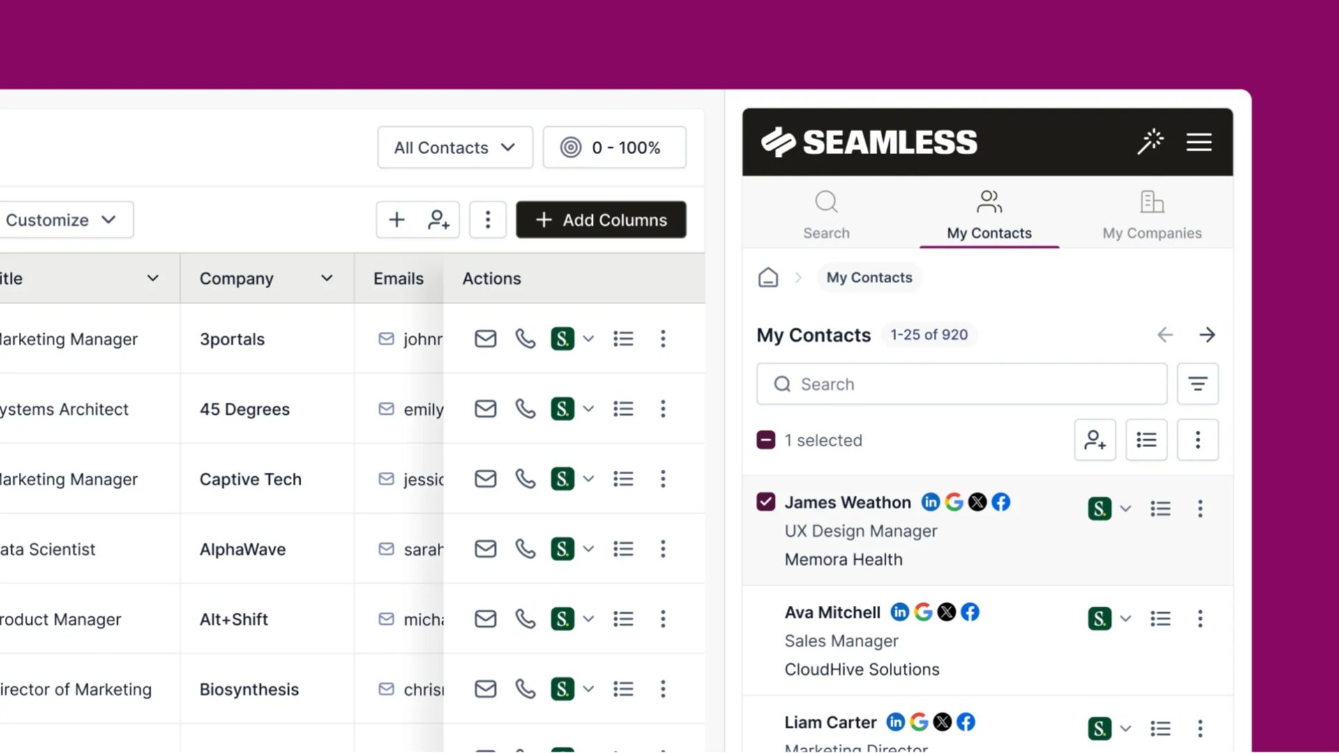 Seamless.AI software interface showing B2B contact lists, email addresses, and CRM lead management tools.
