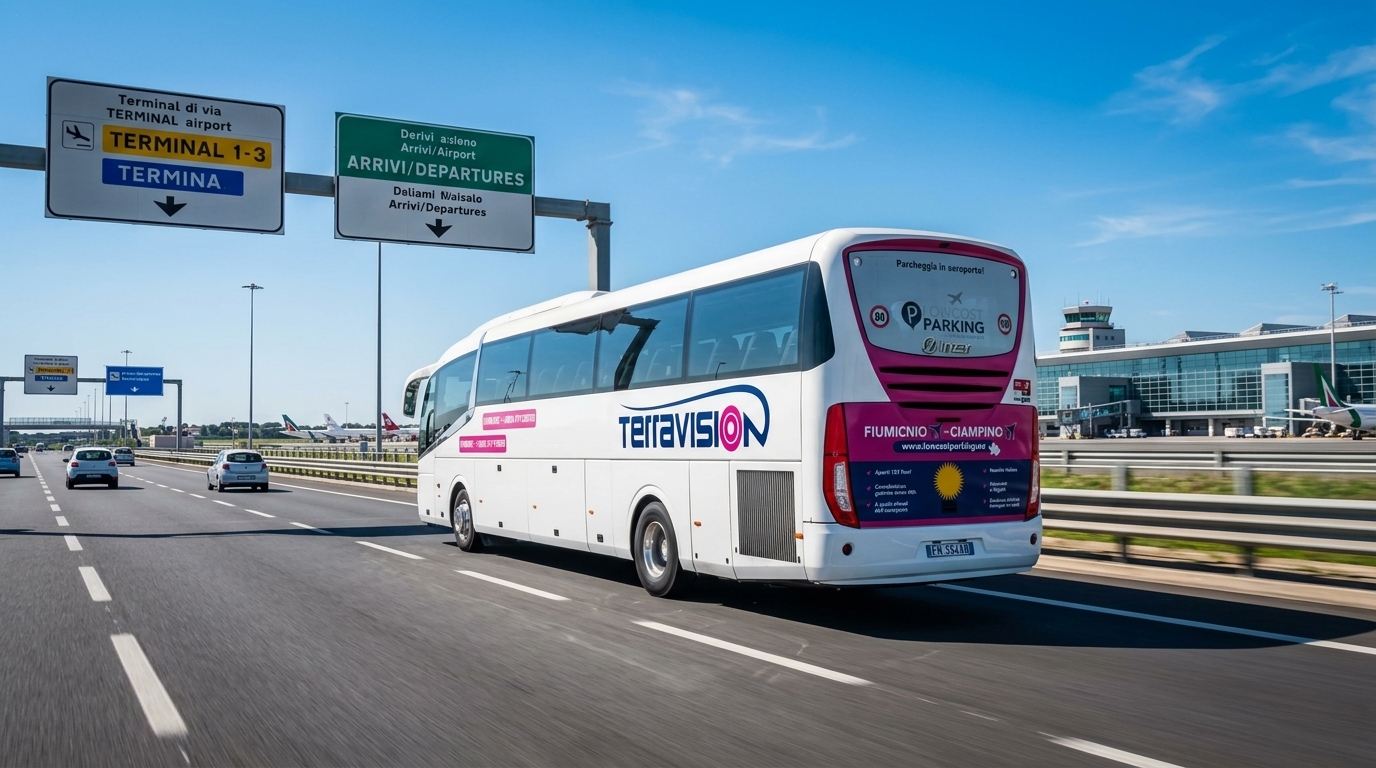 Terravision airport coach traveling on motorway near airport terminal