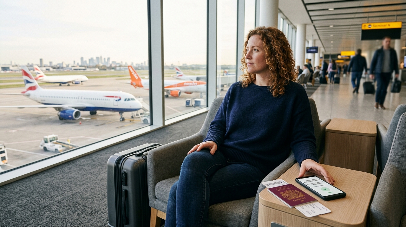 British traveller waiting at London airport departure lounge with passport and digital travel insurance policy on smartphone