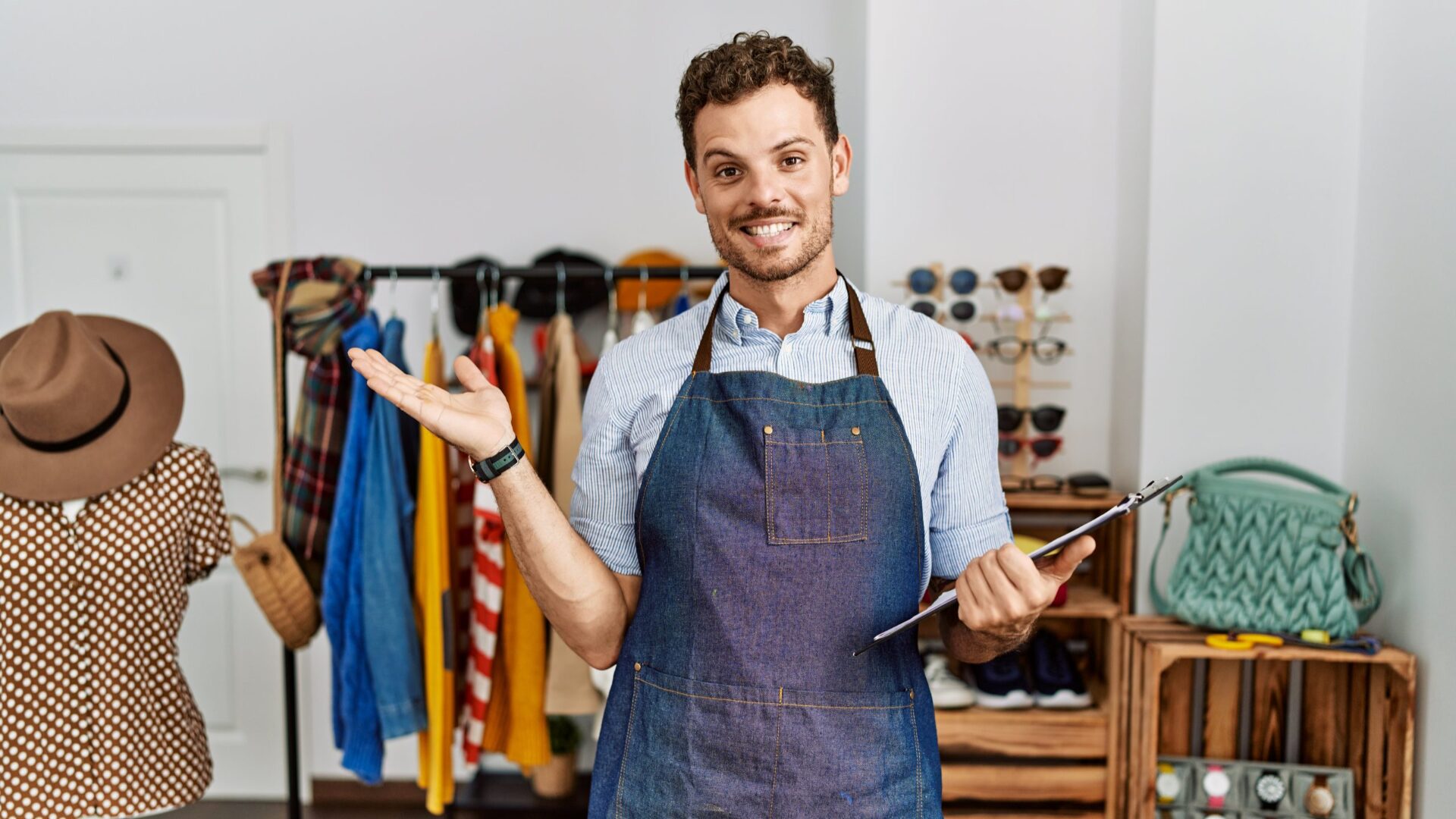 A smiling shop assistant in a denim apron holding a clipboard in a clothing boutique, representing small business growth.