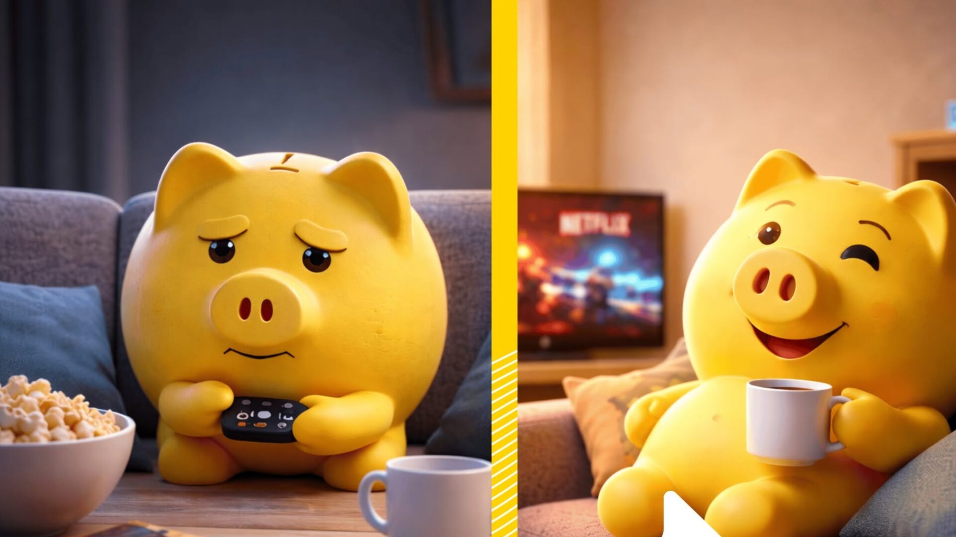 A split-screen illustration showing a sad piggy bank with slow internet and a happy one enjoying fast broadband.