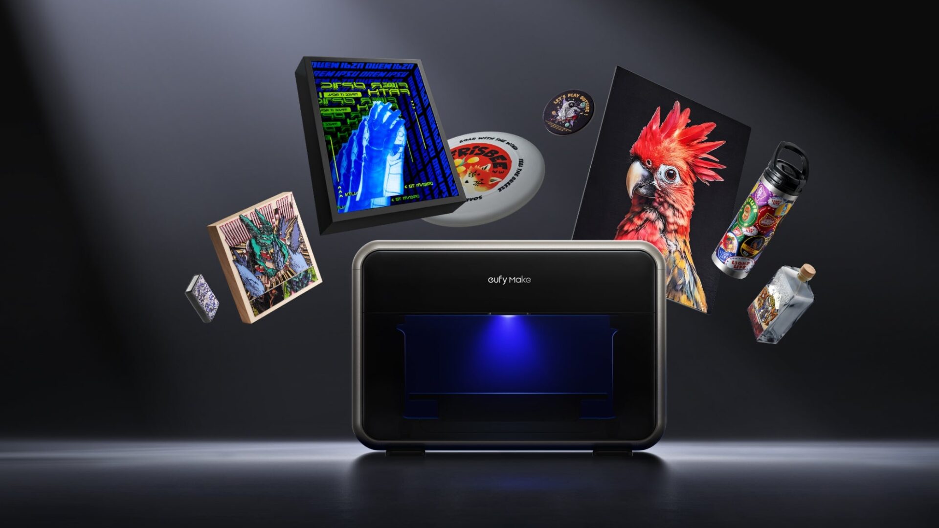 eufyMake E1 desktop UV printer surrounded by various 3D-textured printed items like a parrot canvas and water bottle.