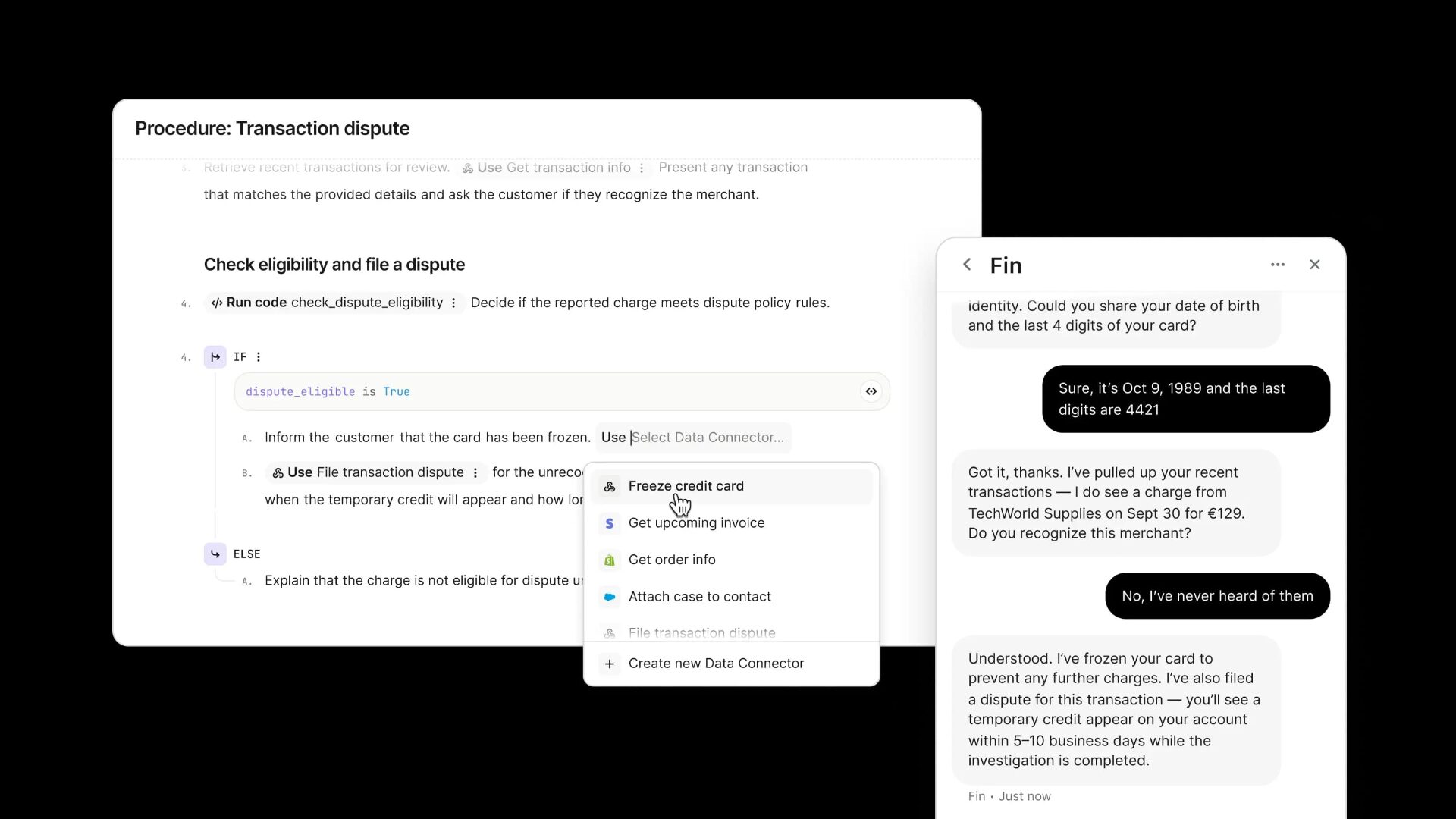 Fin AI interface showing automated transaction dispute workflow and customer chat interaction on a digital dashboard.