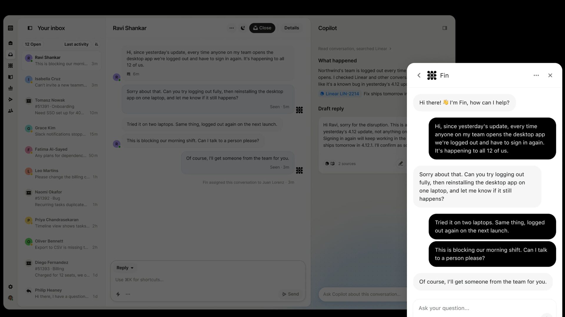 Intercom customer support dashboard interface showing a conversation thread with Fin AI agent and team inbox.