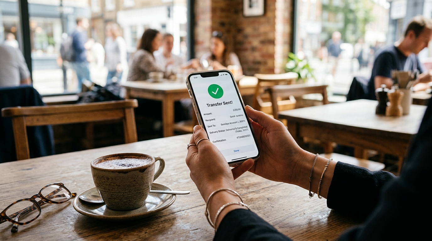Smartphone displaying a completed overseas money transfer confirmation on a London cafe table